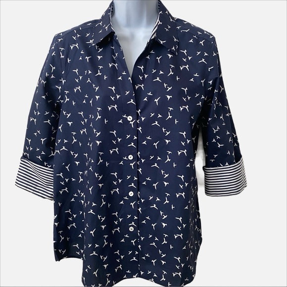 Foxcroft NYC, Blue Seagull Birds Nautical 3/4 Sleeve Button Front Contrast Cuff - Picture 1 of 7